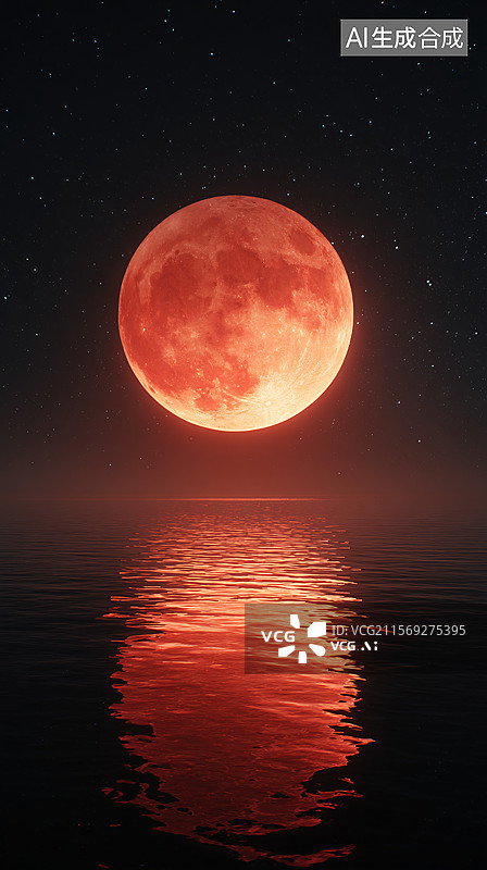 【AI数字艺术】血月下的宁静之海图片素材
