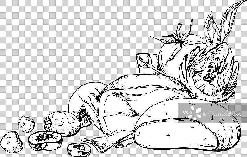 手绘墨水新鲜产品组合火腿图片素材