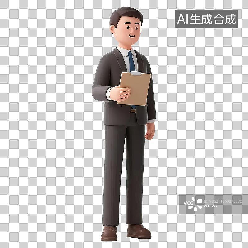 【AI数字艺术】免抠元素3D风格面试人物成年男生公司企业经理商人白领棕褐色西服西装领带白衬衫皮鞋 手拿垫板登记表记录图片素材