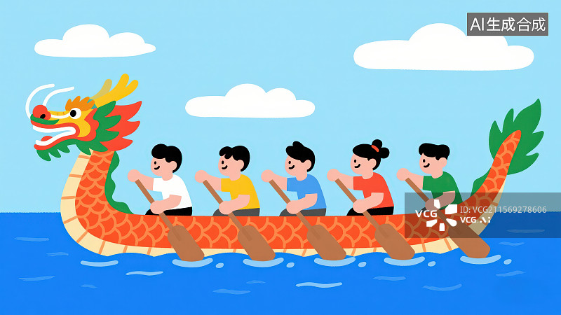 【AI数字艺术】卡通风格端午节蓝天白云赛龙舟划龙船图片素材