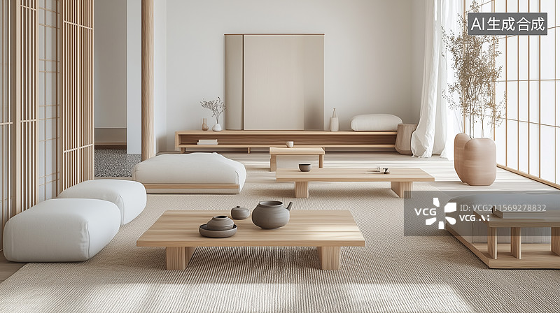 【AI数字艺术】日式极简客厅禅意庭院景致交融图片素材