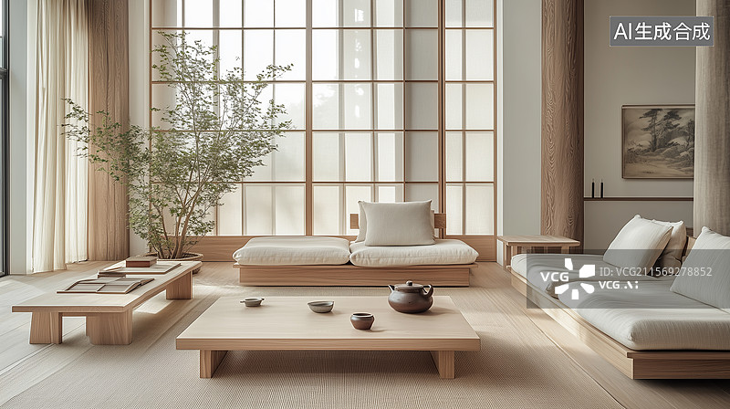 【AI数字艺术】日式极简客厅禅意庭院景致交融图片素材