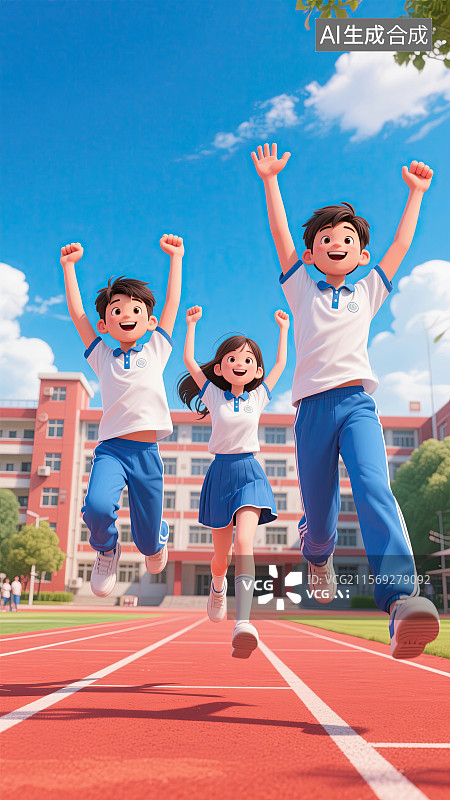 【AI数字艺术】高中生，高考，跑道，跳跃，庆祝插画图片素材