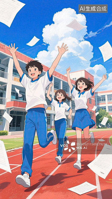 【AI数字艺术】高中生，高考，试卷，跑道，庆祝图片素材