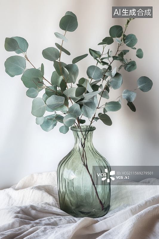 【AI数字艺术】玻璃花瓶中的尤加利枝干图片素材