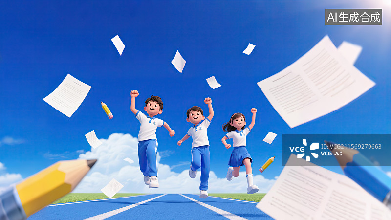 【AI数字艺术】高中生，高考，试卷，庆祝，插画图片素材