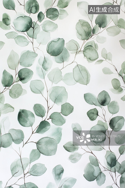 【AI数字艺术】水彩风格绿叶植物图案装饰图片素材