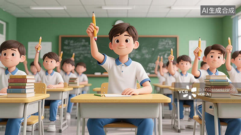 【AI数字艺术】教室，男生，握笔，高考，必胜插画图片素材