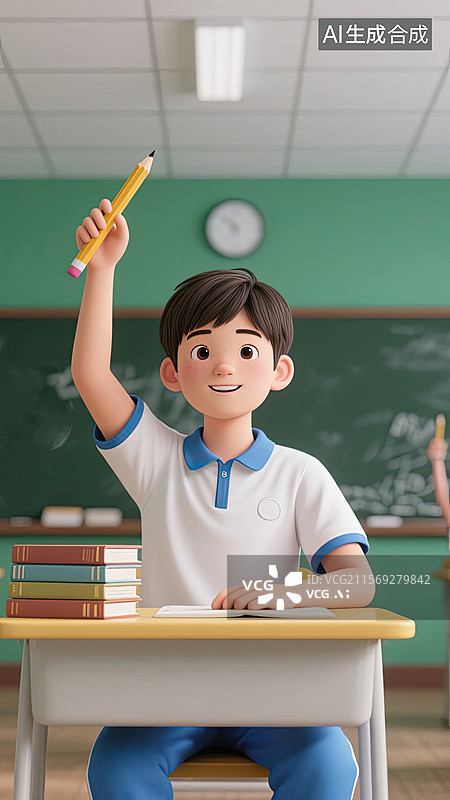 【AI数字艺术】教室，男生，握笔，高考，必胜插画图片素材