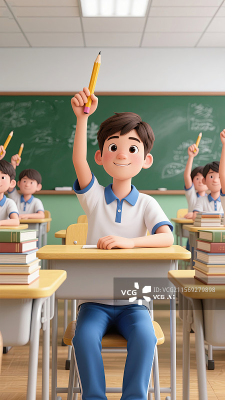 【AI数字艺术】教室，男生，握笔，高考，必胜插画图片素材