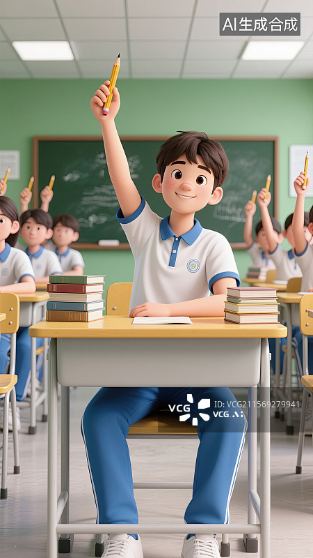 【AI数字艺术】教室，男生，握笔，高考，必胜插画图片素材