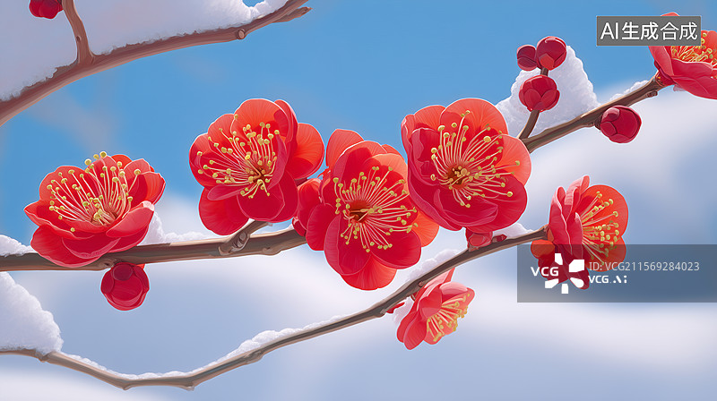 【AI数字艺术】雪中红梅绽放特写插画图片素材