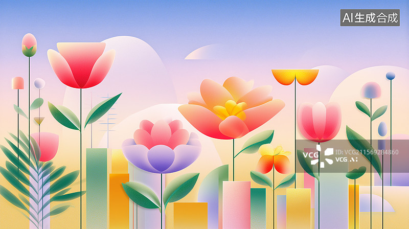 【AI数字艺术】几何图形组成的夏日花园装饰插画图片素材