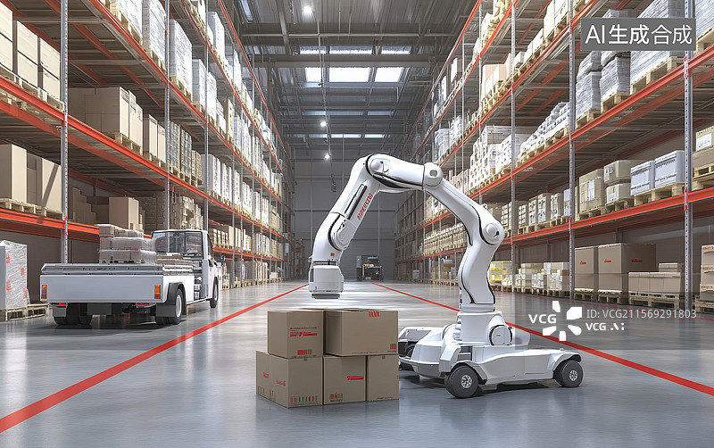 【AI数字艺术】自动化仓库中的机器人搬运箱图片素材