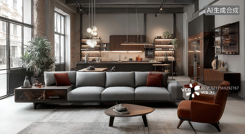【AI数字艺术】现代风格客厅与开放式厨房图片素材