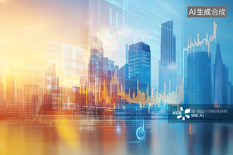 【AI数字艺术】城市天际线与金融图表的叠加图片素材