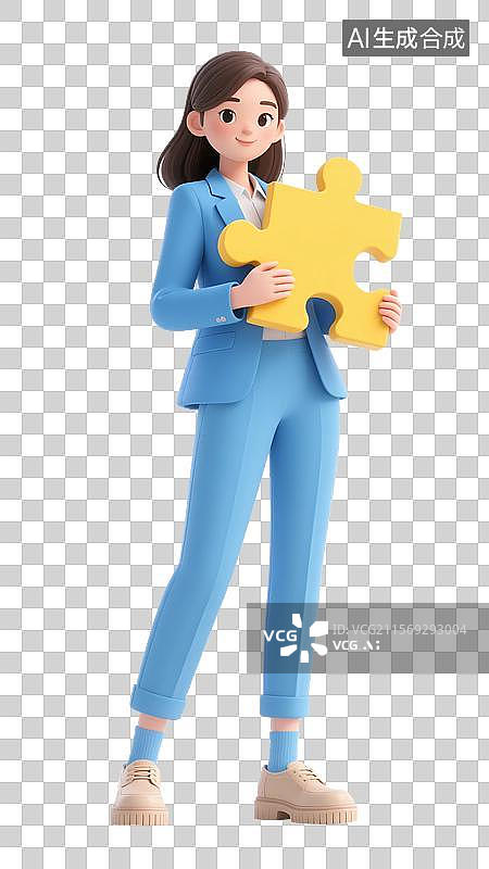 【AI数字艺术】手拿拼图的3D职场女性图片素材