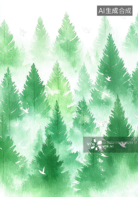【AI数字艺术】水彩画中的松树林图片素材