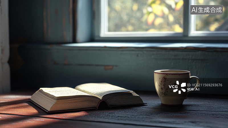 【AI数字艺术】窗边的书与咖啡杯图片素材