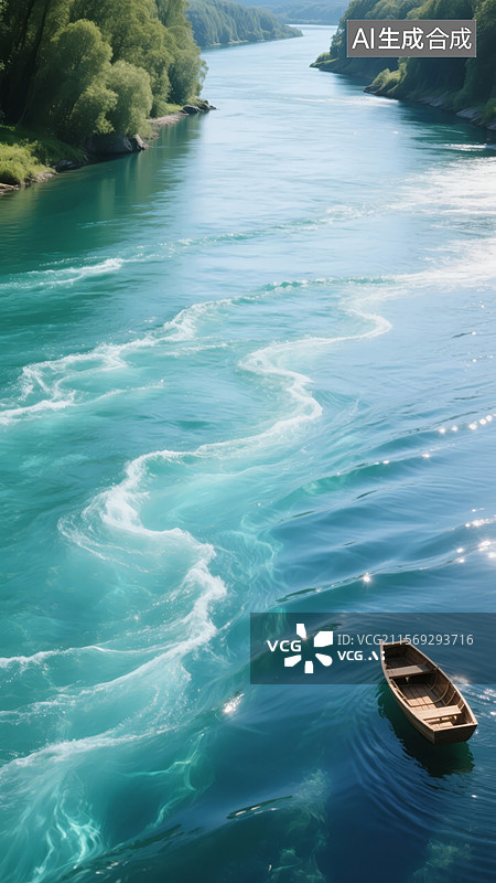 【AI数字艺术】小船在湍急河流中的航迹图片素材
