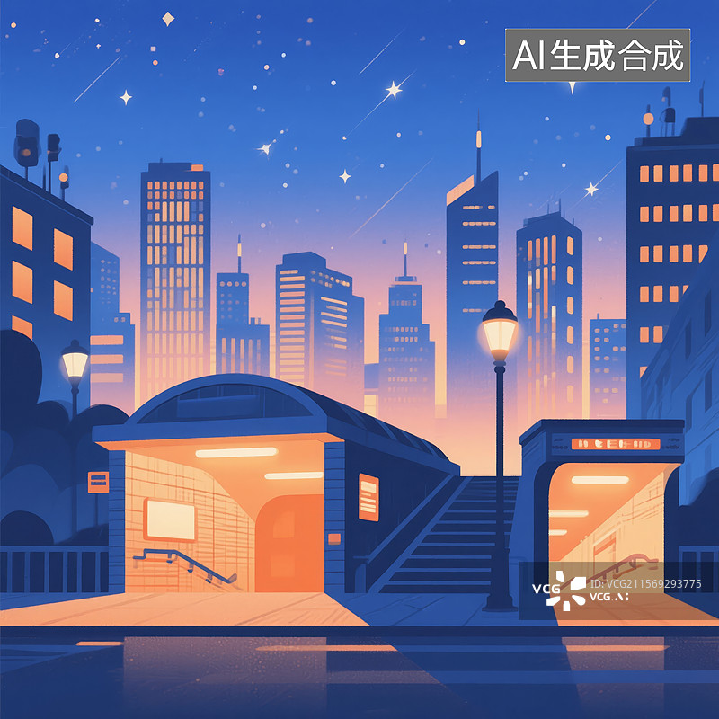 【AI数字艺术】夜晚城市地铁站入口图片素材