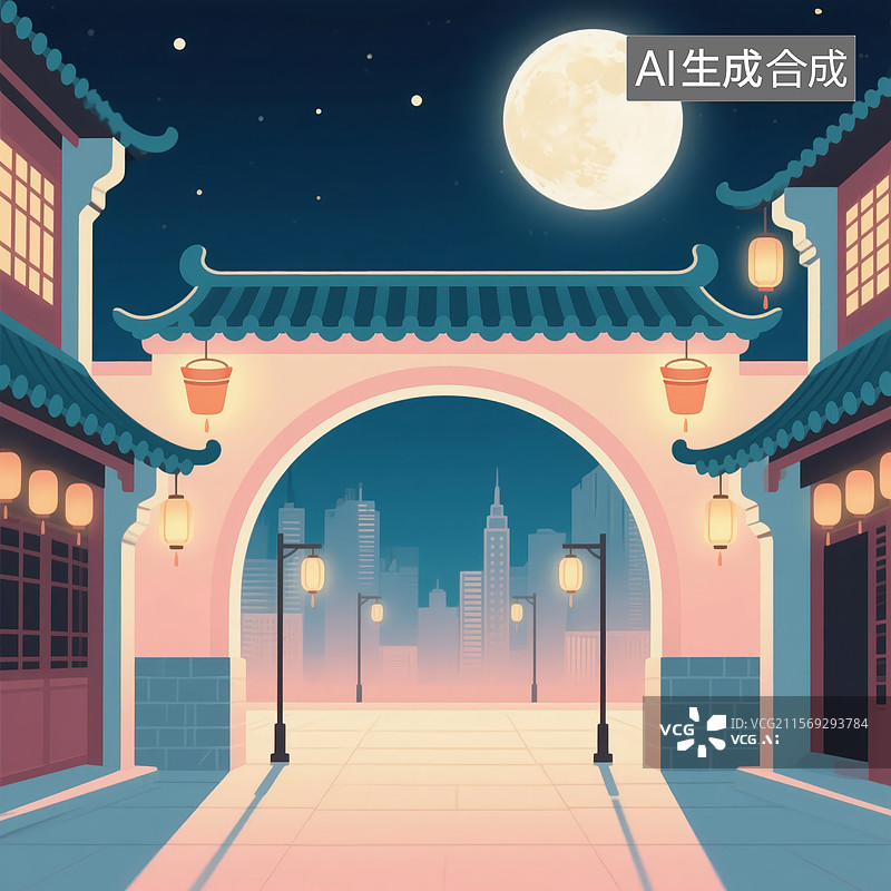 【AI数字艺术】月夜下的传统拱门与城市天际线图片素材