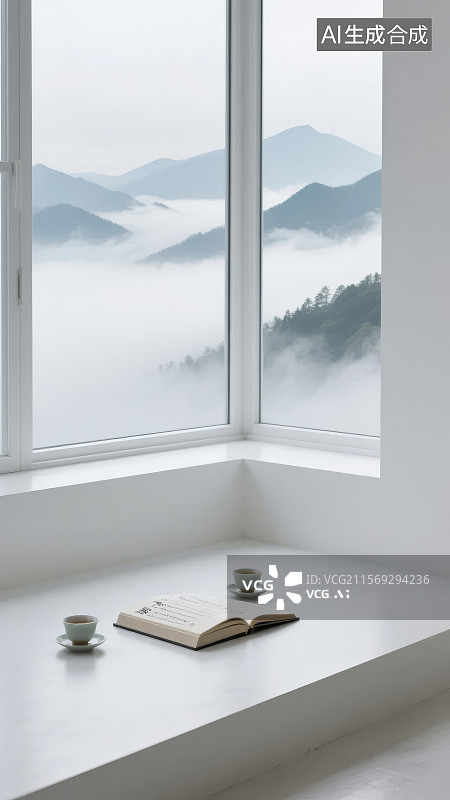 【AI数字艺术】窗边的书与茶，窗外云雾缭绕的山景图片素材