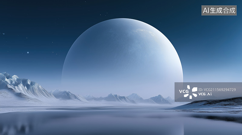 【AI数字艺术】冰冻湖面与巨大行星图片素材