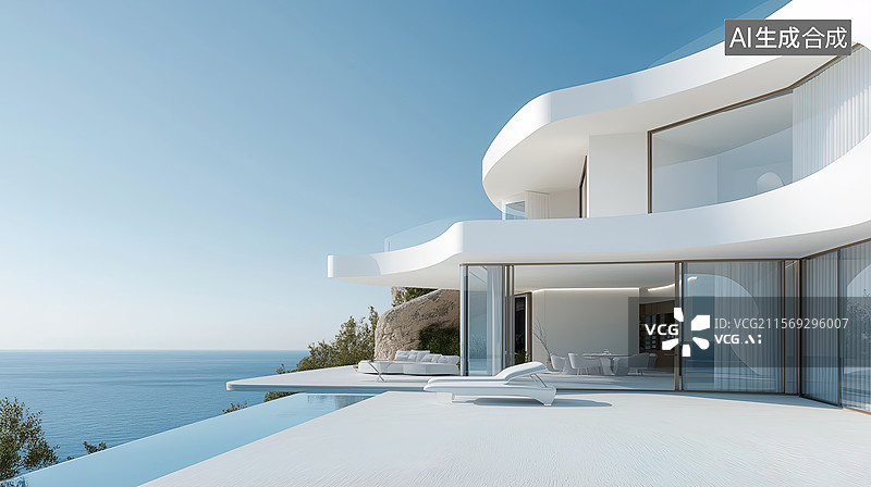 【AI数字艺术】现代风流线型海景豪宅别墅汽车广告背景图图片素材