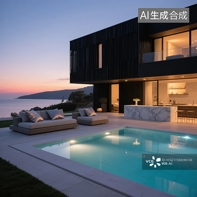 【AI数字艺术】现代别墅夜景与游泳池图片素材