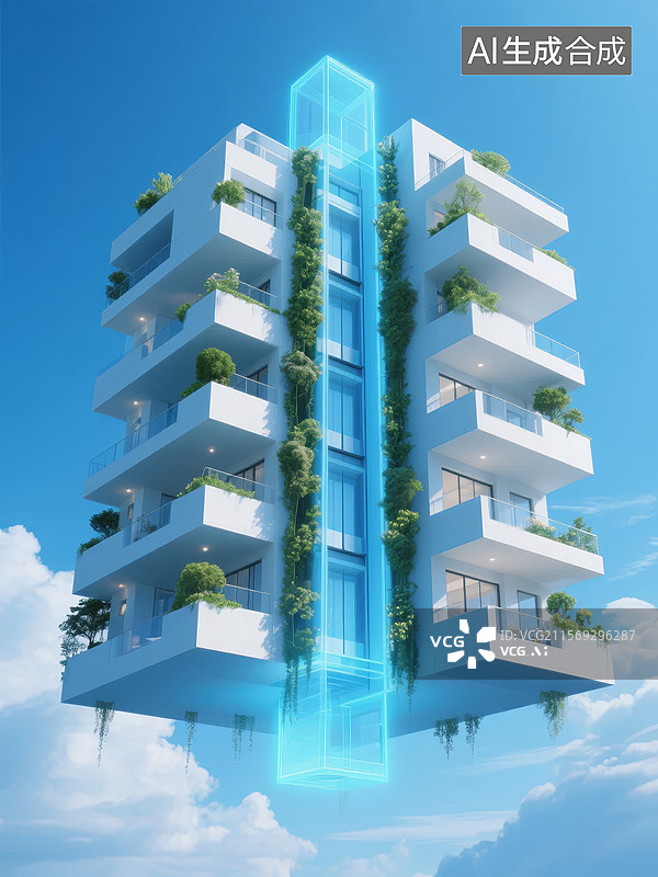 【AI数字艺术】现代悬浮建筑与垂直绿化图片素材