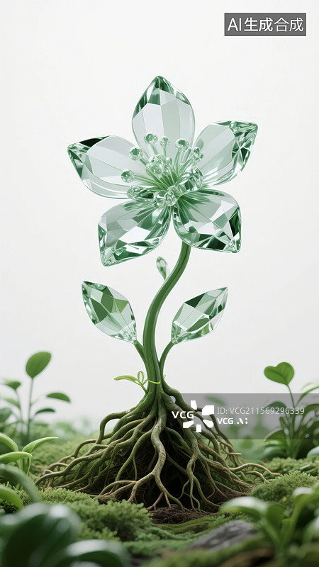 【AI数字艺术】水晶花朵与绿色植物图片素材