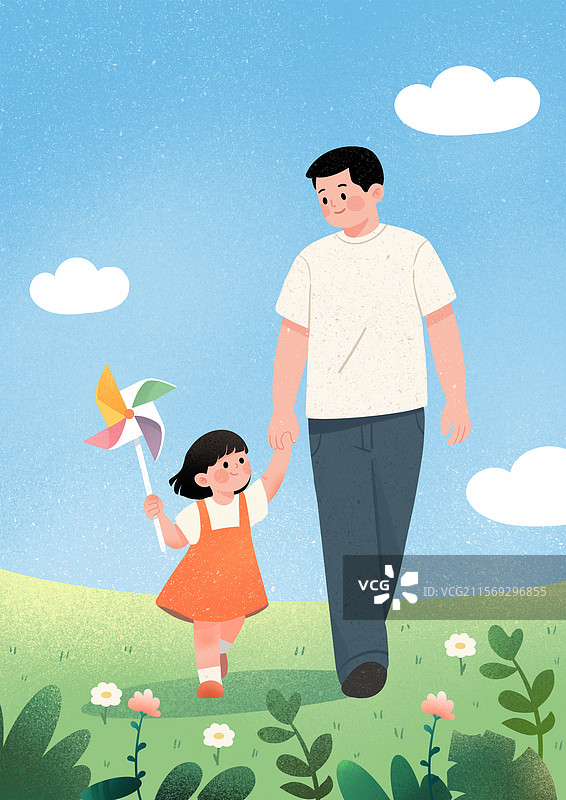 父女漫步在清新草地图片素材