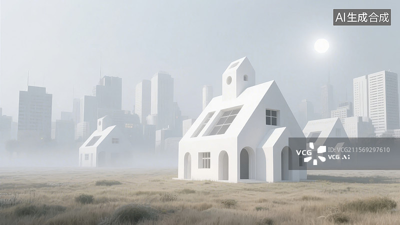 【AI数字艺术】雾中的白色房屋与城市天际线图片素材