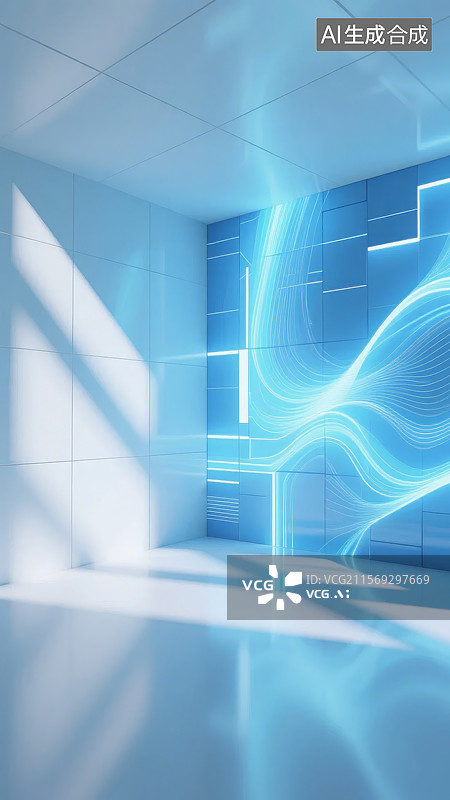 【AI数字艺术】现代室内空间中的蓝色光影效果图片素材