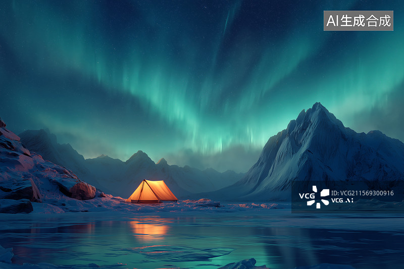 【AI数字艺术】湖边露营帐篷背景是美丽的极光图片素材