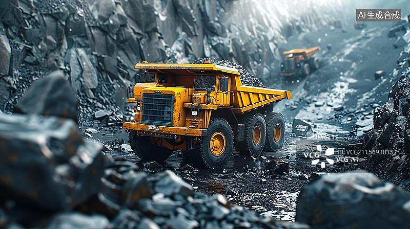【AI数字艺术】矿车与地下采矿场景  一辆卡车采矿和运输行业科技工业背景  一辆黄色的重型卡车在矿山中行驶图片素材