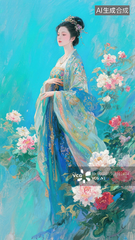 【AI数字艺术】古典美女身着传统服饰站在花丛中图片素材
