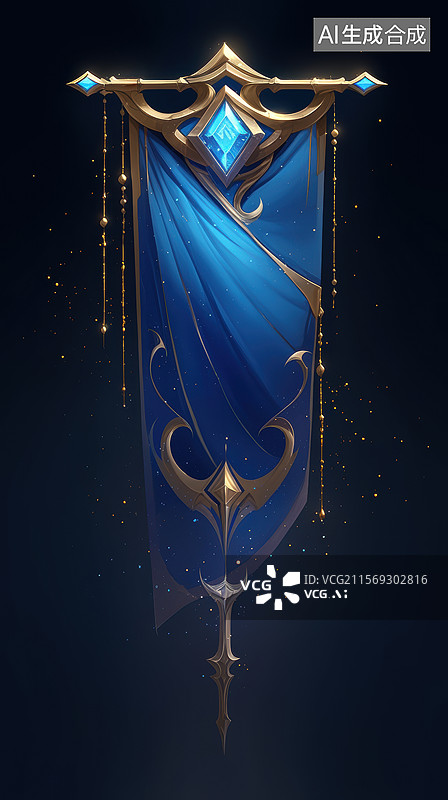 【AI数字艺术】蓝色旗帜与金色装饰图片素材