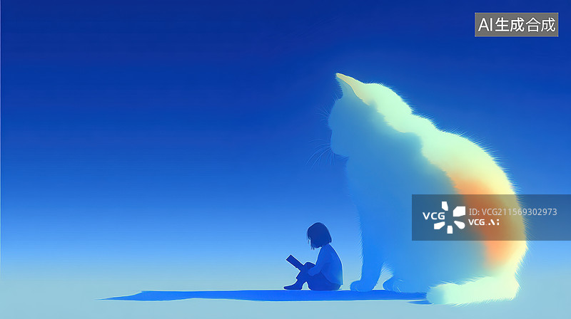 【AI数字艺术】坐在发光猫影旁的孩子图片素材