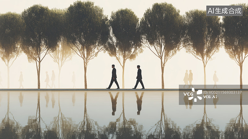 【AI数字艺术】两个人在树间行走的倒影图片素材