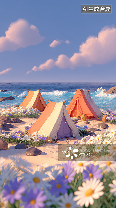 【AI数字艺术】沙滩上的帐篷和鲜花图片素材