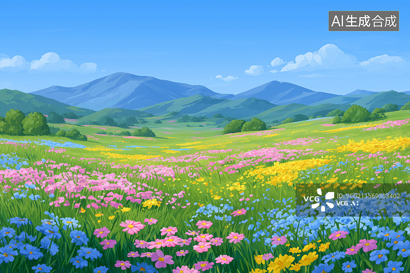 【AI数字艺术】漫山鲜花盛开插画风景图片素材