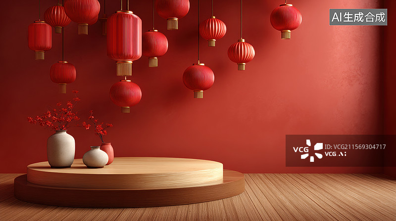 【AI数字艺术】红色灯笼与木制平台的室内装饰图片素材