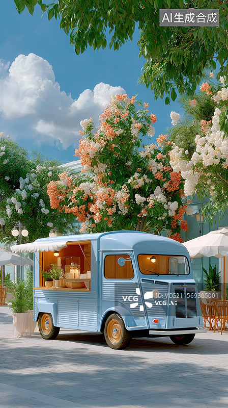【AI数字艺术】蓝色复古餐车在花树下图片素材
