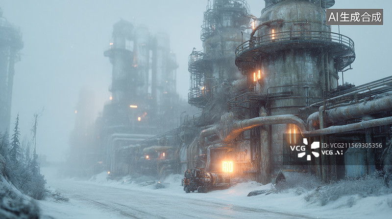 【AI数字艺术】雪中的工业废墟图片素材