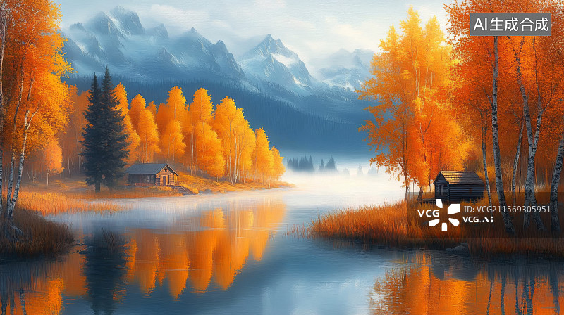 【AI数字艺术】国风插画山水秋色图片素材