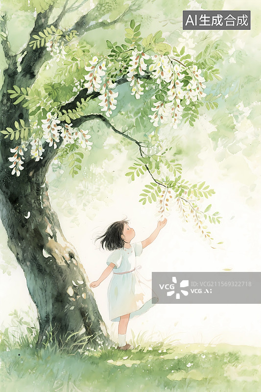 【AI数字艺术】初夏槐花下的小女孩水彩插画图片素材