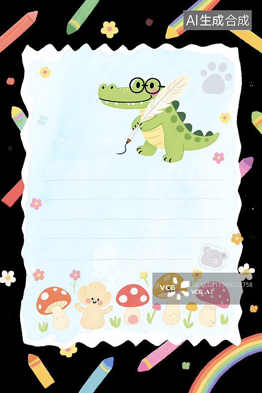 【AI数字艺术】欢乐儿童节手绘信纸格子笔记本图片素材