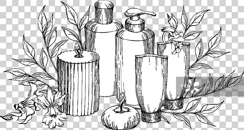 手绘墨水风格的水疗护肤浴美容产品图片素材